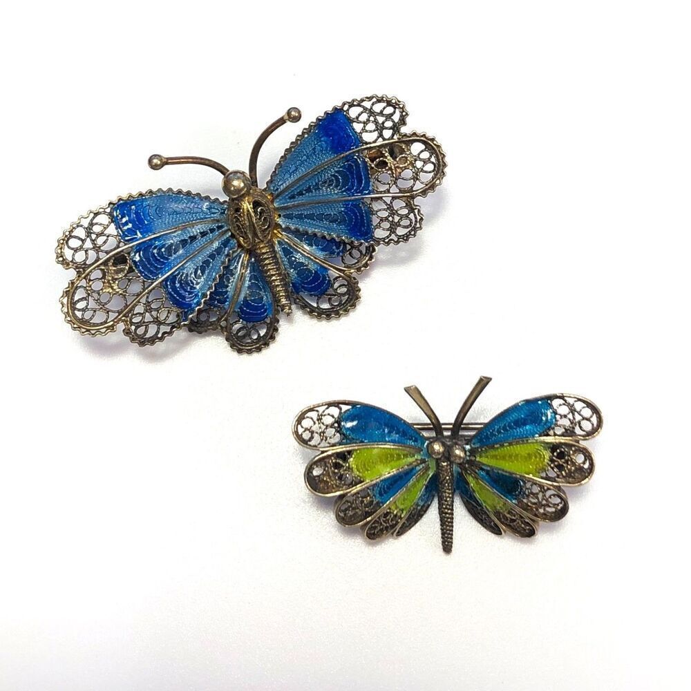 Vintage Guilloche Filigree Silver Enamel Butterfly Brooch Pin Set (2)